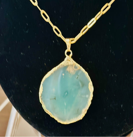 *Gold Chain Necklace with Aqua Agate Pendant