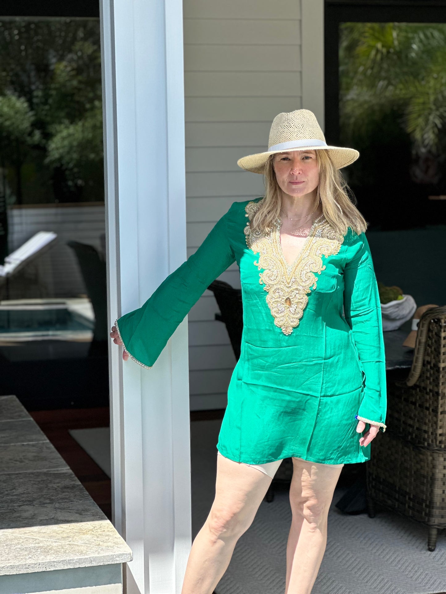 Emerald Green Tunic with Gold Embroidered Neckline