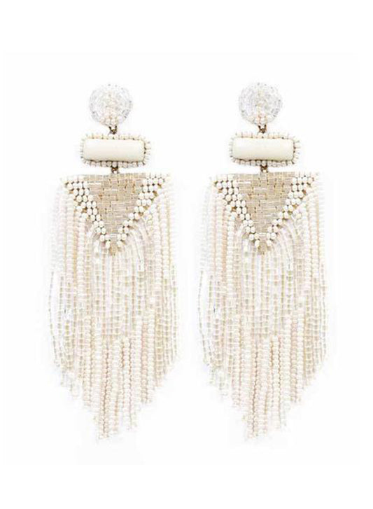 Ivory Elegance - Handmade Beaded Fringe Earrings