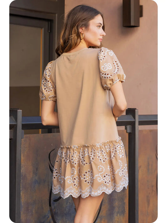 Taupe Embroidered eyelet lace mini dress