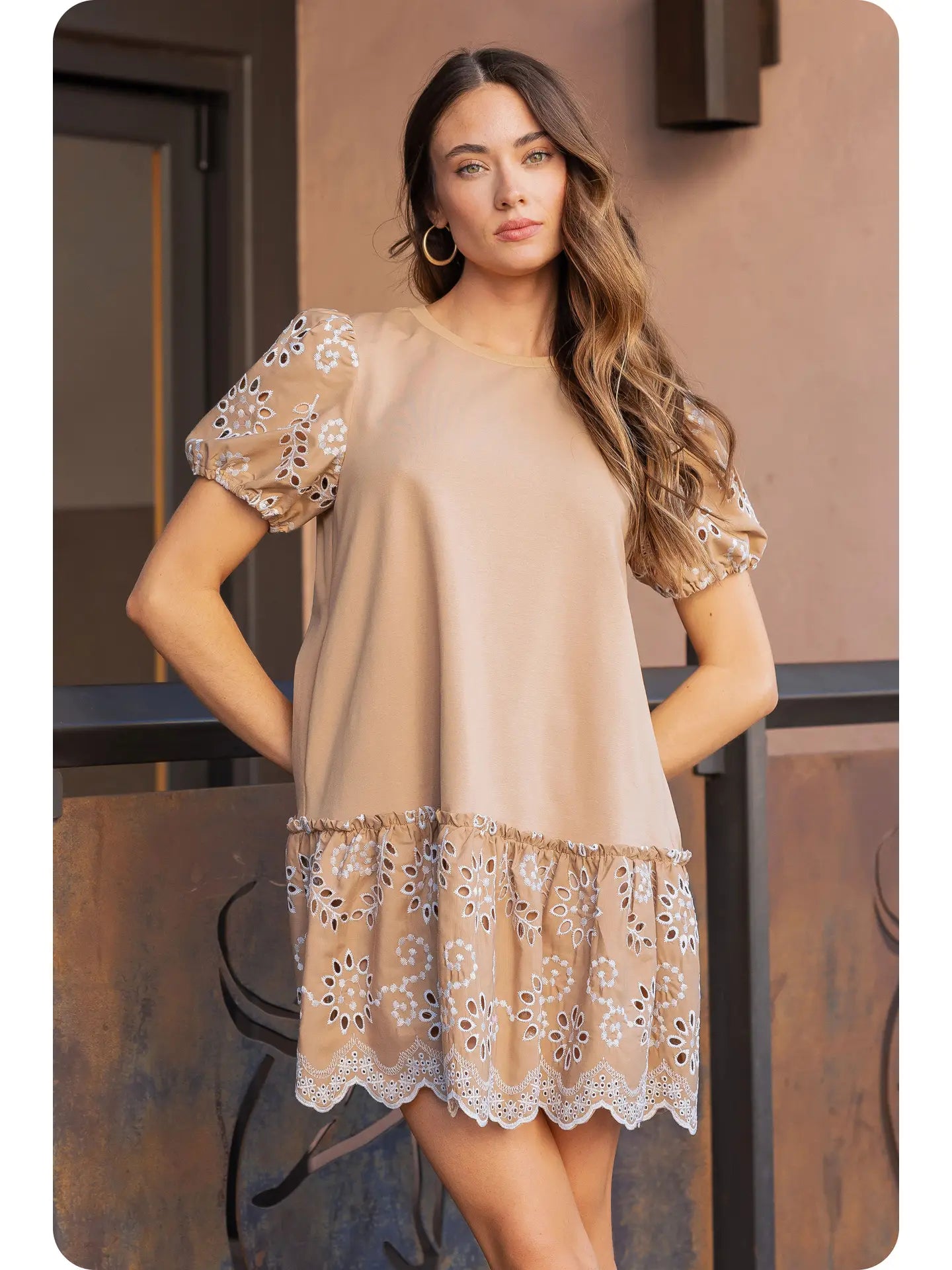 Taupe Embroidered eyelet lace mini dress