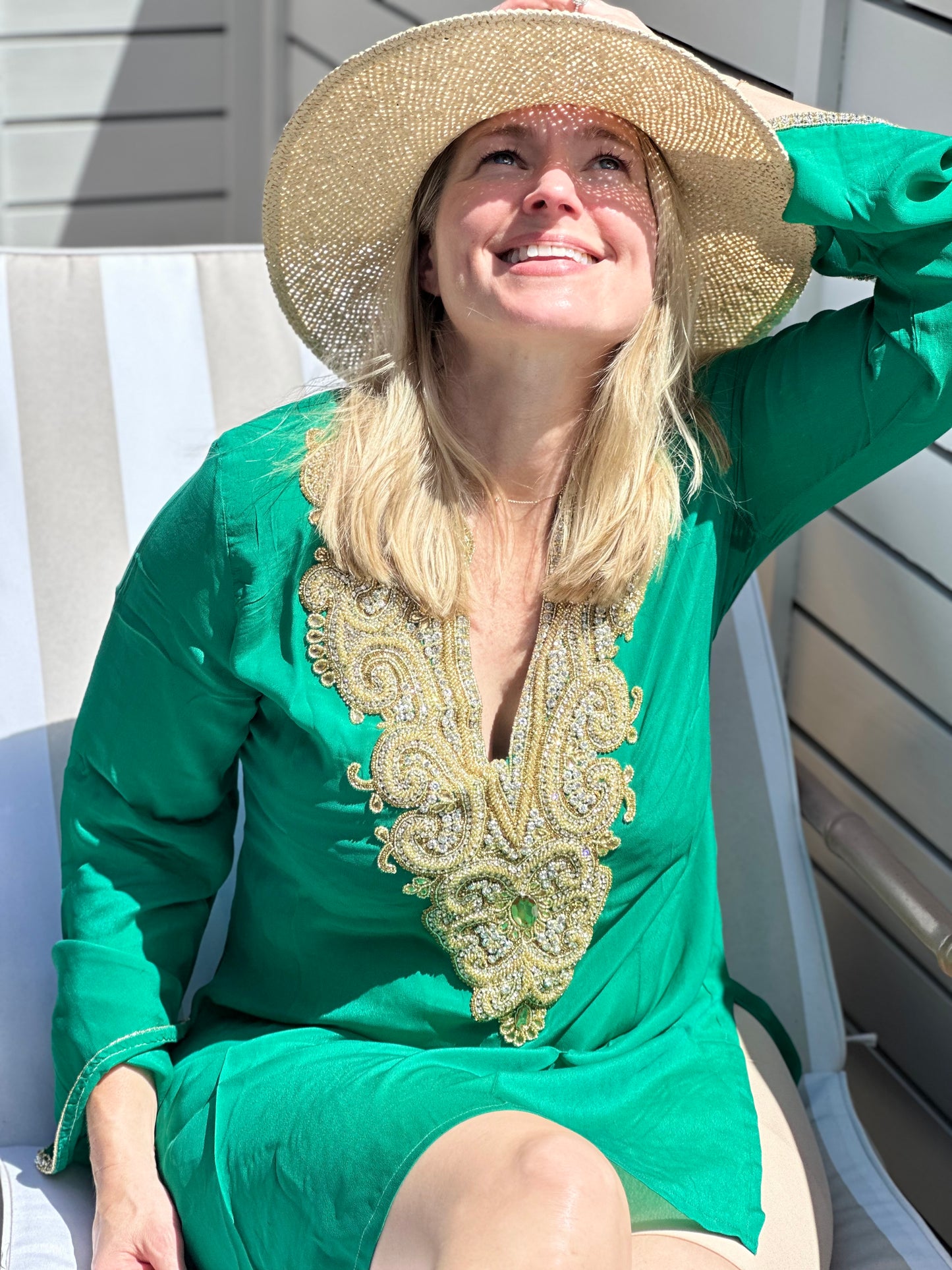 Emerald Green Tunic with Gold Embroidered Neckline