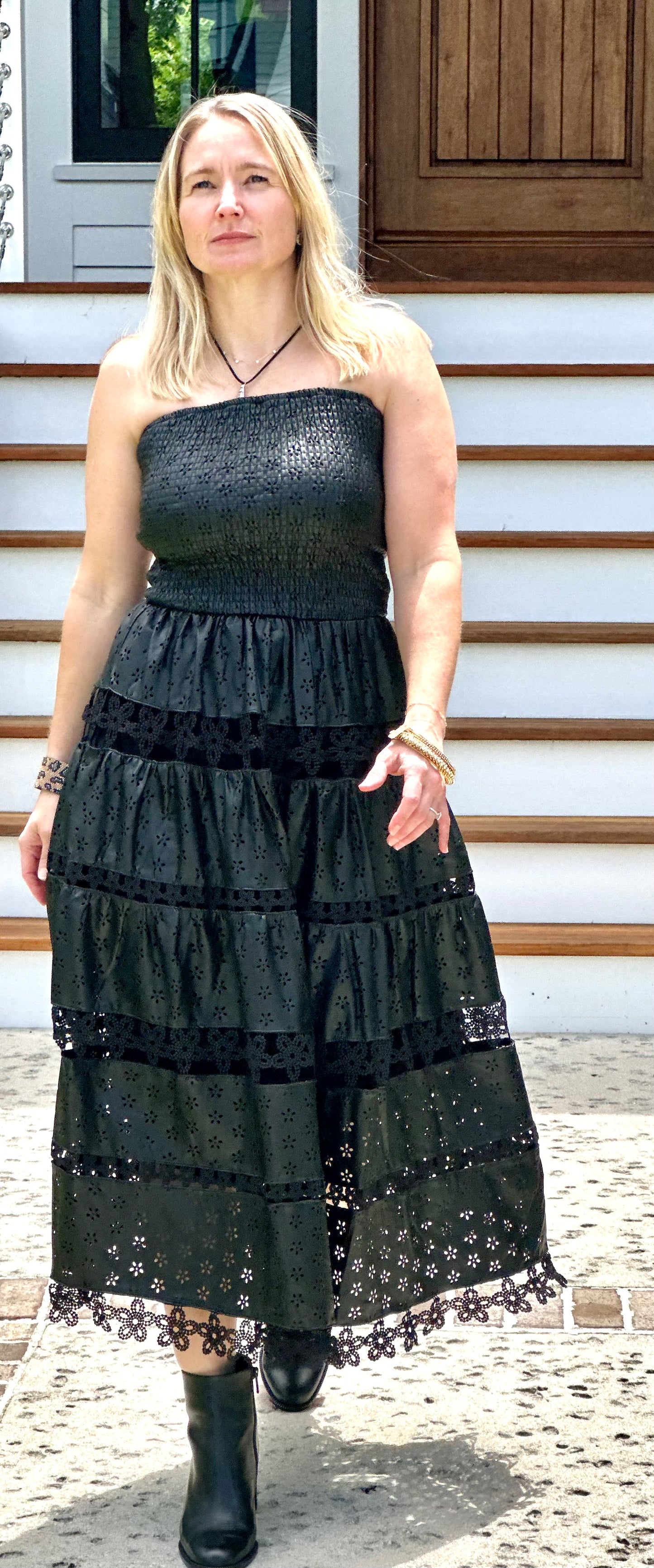 Strapless Eyelet Midi Dress in Black