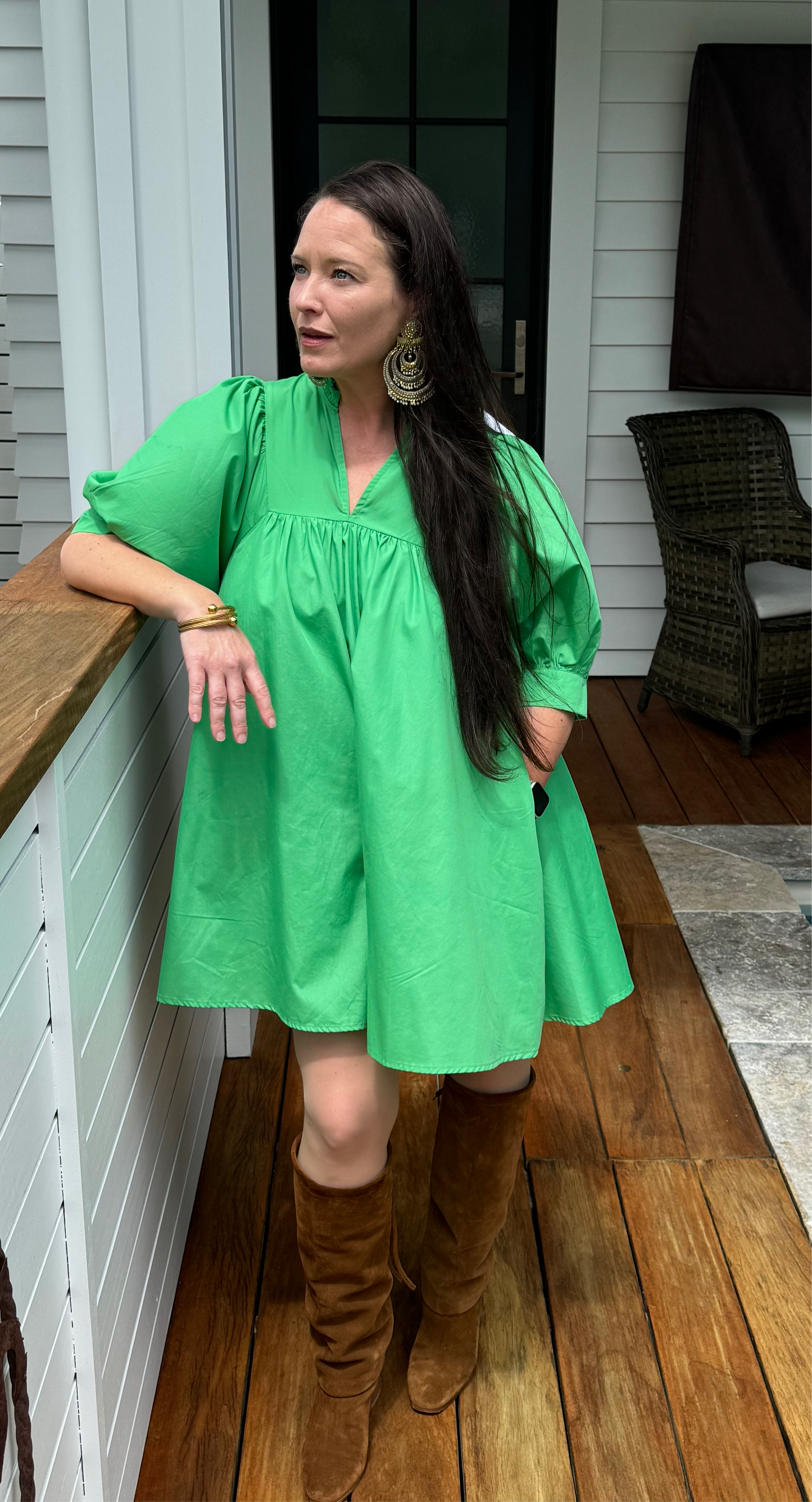 Emerald Green Puff Sleeve Babydoll Dress