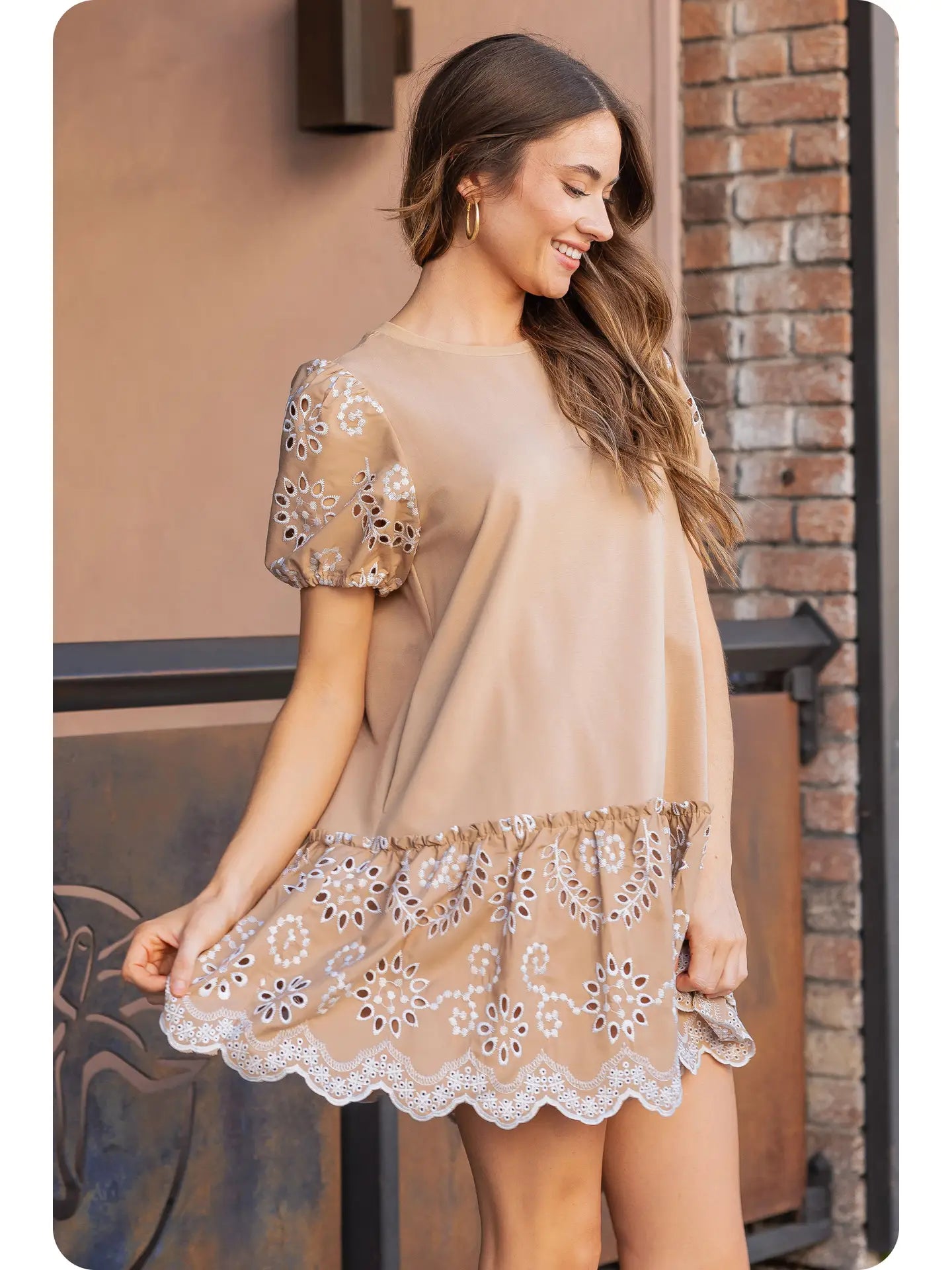 Taupe Embroidered eyelet lace mini dress